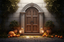 A Cemetery Door With Halloween Decoration. AI Generated
