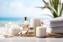 Beauty Treatment Items For Spa Procedures. Massage Stones, Essential Oil And Sea Salt. Generative AI