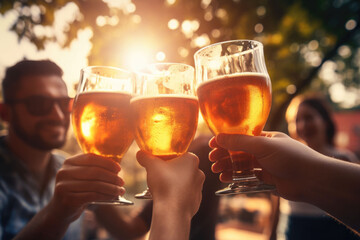 a group of friends toasting with beer at a summer barbeque, close up. generative ai