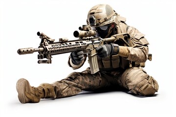 Poster - A military man with a machine gun isolated on a white background.