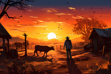 Farm At Sunset Time Scene With Old Farmer Cartoon Illustration