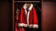 A clean and well-kept Santa Claus suit hangs in a closet, ready for the holiday season. Generative AI