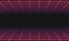 Laser Neon Grids In Deep Space. Retro Futuristic Design In 80s Style. Synthwave, Retrowave, Vaporwave Theme