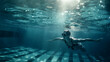 Female swimmer at the swimming pool.Underwater photo. Female swim underwater in pool. Girl wearing summer goggles swims underwater poolside. Underwater photo. Generated Ai