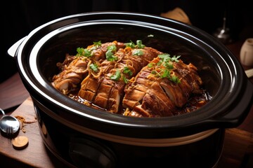 slow-cooked pork in a crockpot with sauce