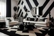 monochromatic living room with geometric decor