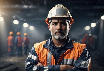 Man miners wear head protection standing confident with crossed hands blurred background