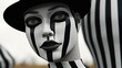 Young mime woman's face in futuristic makeup with a white and black stripes. Modern stylish illustration for poster, fashion banner, greeting card, postcard or other design.