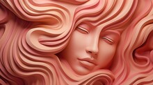 Composition Of Pink Marble. Beautiful Girl Sleeps On A Wavy Background. Wall Design Bas-relief With Stucco Mouldings. Plaster Texture. Illustration For Cover, Postcard, Interior Design, Decor Or Print