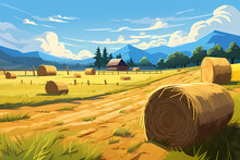 Farm Landscape Barn Stalks Cartoon Illustration