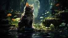  A Cat Sitting On A Rock In The Middle Of A Forest.  Generative Ai