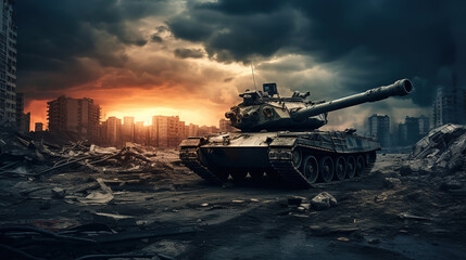 Canvas Print -  tank is walking in an urban landscape, war, generative ai 