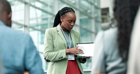 Poster - Tablet, training and presentation with black woman in meeting for conference, seminar and project management. Idea, teamwork and strategy with business people for coaching, brainstorming or data