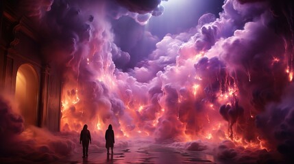 Wall Mural - two people standing in front of a huge cloud filled sky. generative ai