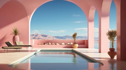 Sticker -  a pool in a pink room with a view of mountains.  generative ai