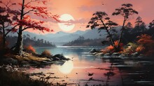  A Painting Of A Sunset Over A Lake With Trees And Rocks.  Generative Ai
