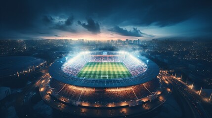 Aerial Shot of a Whole Stadium with Soccer Championship Match. Teams Play, Crowd of Fans Cheer. Football Tournament, Cup Broadcast.