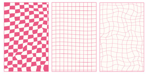 Wall Mural - Vector set of groovy 70s pink poster.Chessboard and twisted patterns. Backgrounds in trendy retro trippy style.Twisted and distorted vector texture in trendy retro psychedelic style.