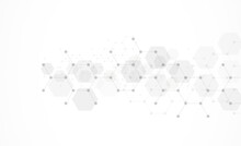 Hexagons Pattern On Gray Background. Genetic Research, Molecular Structure. Chemical Engineering. Concept Of Innovation Technology. Used For Design Healthcare, Science And Medicine Background
