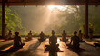 © Aram - group of people practicing yoga on the mat in the evening at sunrise, yoga, thailand. Generative AI