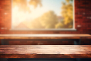 Wooden table in interior, blur background