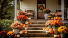 Pumpkins And Mums On Porch