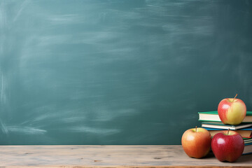 Back to School concept: school desk with books and apples and blackboard in the background
