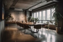 A Chic Meeting Space With Urban Vista, Natural Light, Wooden And Cement Interiors, And White Replica Signage Suitable For Legal Industries. Generative AI