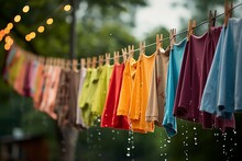 Drenched Clothes Hanging On The Line On A Rainy Day. AI