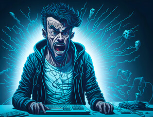 Poster - Man and cyber technologies. The evolution of employee development. Relationship between human and computer. AI Generative