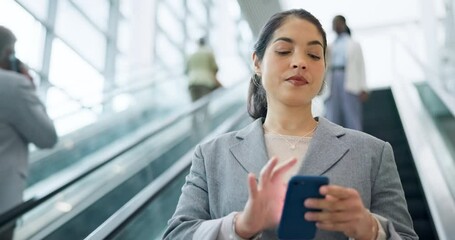 Poster - Business woman, escalator and phone in office to check email, communication or network connection in company building. Employee, travel and reading on cellphone, mobile app or news on social media