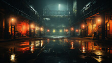Interior Of An Abandoned Factory With Neon Light And Glowing Walls.generative Ai