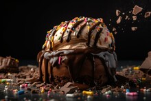 Close Up Of A Decadent Sundae Ice Cream With Melted Chocolate, Chocolate Icing, And Sprinkles, Isolated On A White Background. Generative AI