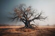 A solitary, withered tree standing alone on a blank backdrop. Generative AI
