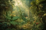 Fototapeta  - Vintage green painting of a tropical forest with palm trees and birds, creating a wallpaper jungle. Generative AI