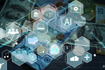Leinwandbilder - Artificial Intelligence AI, Internet of Things IoT. Business man using laptop computer on technology background, big data, deep learning, smart phone chatbot application, 4.0 industrial technology.