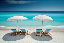 Summer Paradise: Elia Beach With Luxurious Beach Chairs And Umbrellas, Surrounded By Blue Ocean Waves. Generative AI