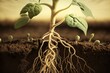 Macro of soybean plant on farmland, depicting soil structure and root system. Generative AI