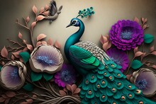 3D Floral Wallpaper With A Peacock And Butterfly On An Abstract Background. Generative AI