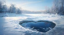 Sunny Winter Day, The Lake Is Frozen, A Heart-shaped Hole In The Ice, Generative AI