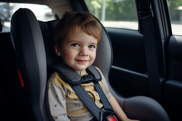 Smiling child strapped in a car seat