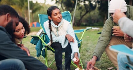 Wall Mural - Camping, bonfire and friends with marshmallow in a forest for a celebration, roasting and in conversation on vacation together. Sweet, travel and group of people happy, talking and speaking by woods