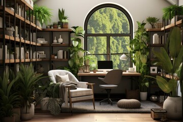 Poster - The open living room features a home office desk adorned with a mockup computer, green plants, and decorative items.