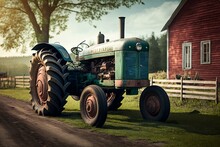 Vintage Farm Tractor Parked On Rural Road. Generative AI