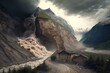 Destructive landslide from mountain. Generative AI