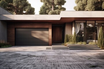 The modern American house features a spacious garage with a large double door and a driveway made of concrete.