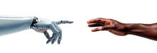 Human Hand Trying To Reach Robotic Android Hand. Artificial Intelligence Conquer Concept