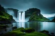 A imperial waterfall surrounded by alcoholic greenery and obscure , showcasing the baron and beauty of nature. Creative resource, AI Generated