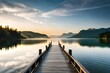 A serene lakeside setting with a wooden dock stretching out into steady body of water , surrounded by alcoholic greenery. Creative resource, AI Generated