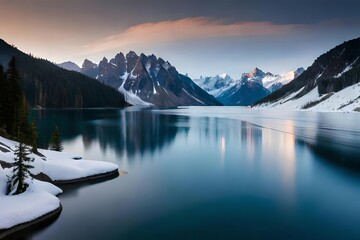 Wall Mural - A composure lake surrounded by snowcapped batch , creating a calm air travel and passive voice air. Creative resource, AI Generated